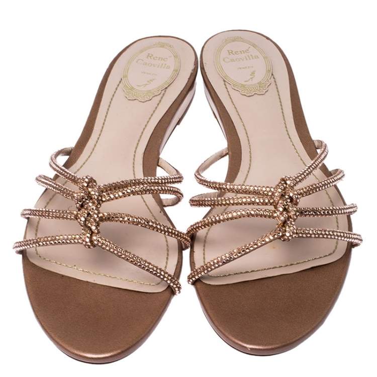 Pre Owned Rene Caovilla Beige Crystal Embellished Satin Flat Slides Size 42