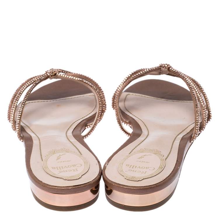 Pre Owned Rene Caovilla Beige Crystal Embellished Satin Flat Slides Size 42