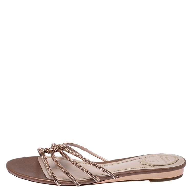 Pre Owned Rene Caovilla Beige Crystal Embellished Satin Flat Slides Size 42