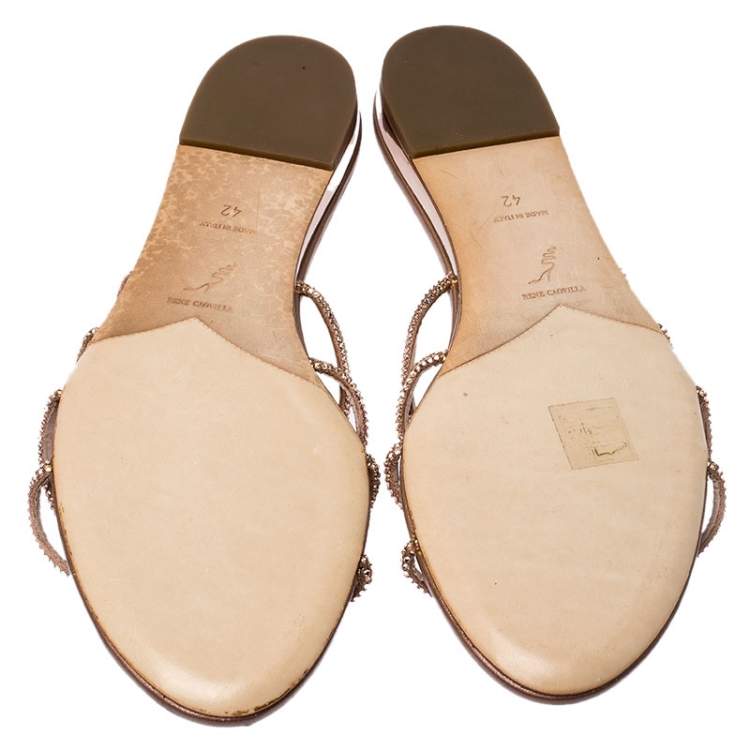 Pre Owned Rene Caovilla Beige Crystal Embellished Satin Flat Slides Size 42