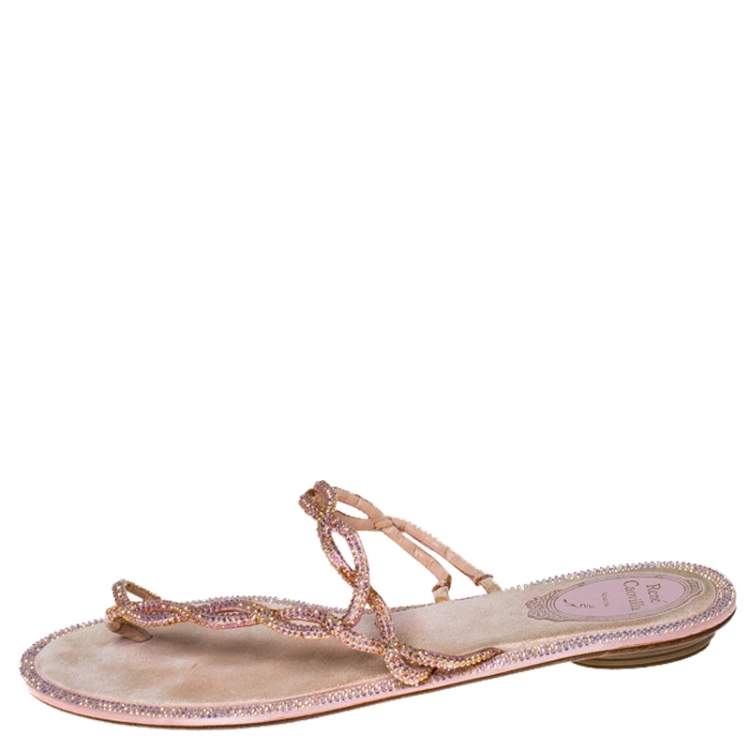 Rene Caovilla Pink Crystal Embellished Thong Flat Sandals Size 41