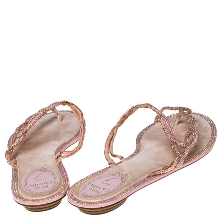 Pre Owned Rene Caovilla Pink Crystal Embellished Thong Flat Sandals Size 41