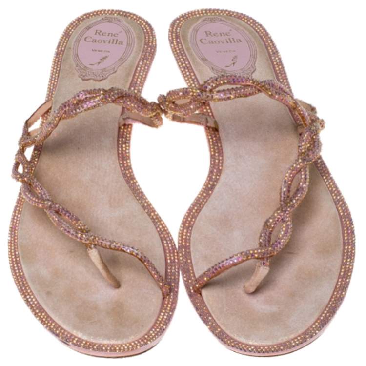 Pre Owned Rene Caovilla Pink Crystal Embellished Thong Flat Sandals Size 41
