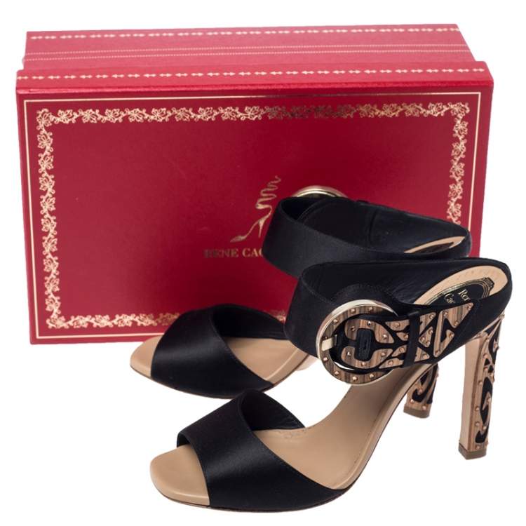 Pre Owned Rene Caovilla Black Satin Embellished Buckle Sandals Size 37.5