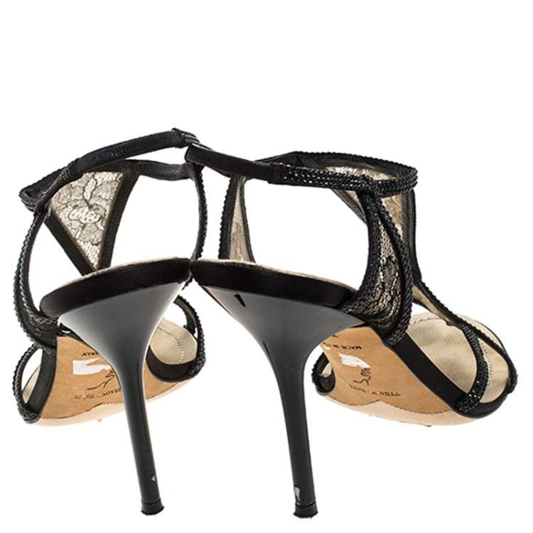 Pre Owned René Caovilla Black Lace And Satin Crystal Embellished Open Toe Slingback Sandals Size 37