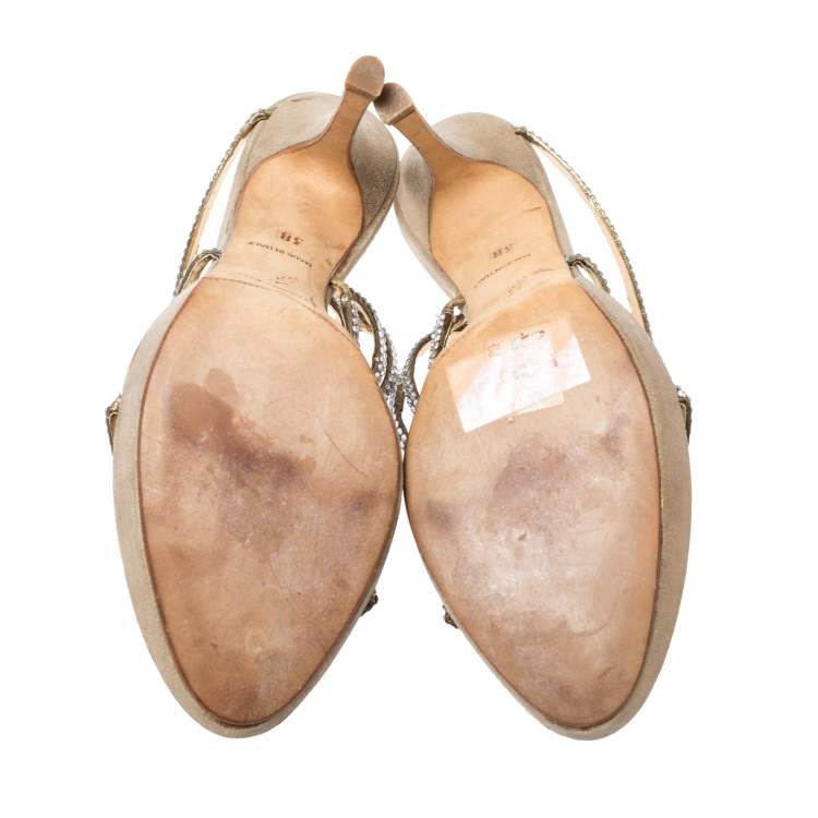 Pre Owned Rene Caovilla Metallic Gold Crystal Embellished Ankle Wrap Sandals Size 38