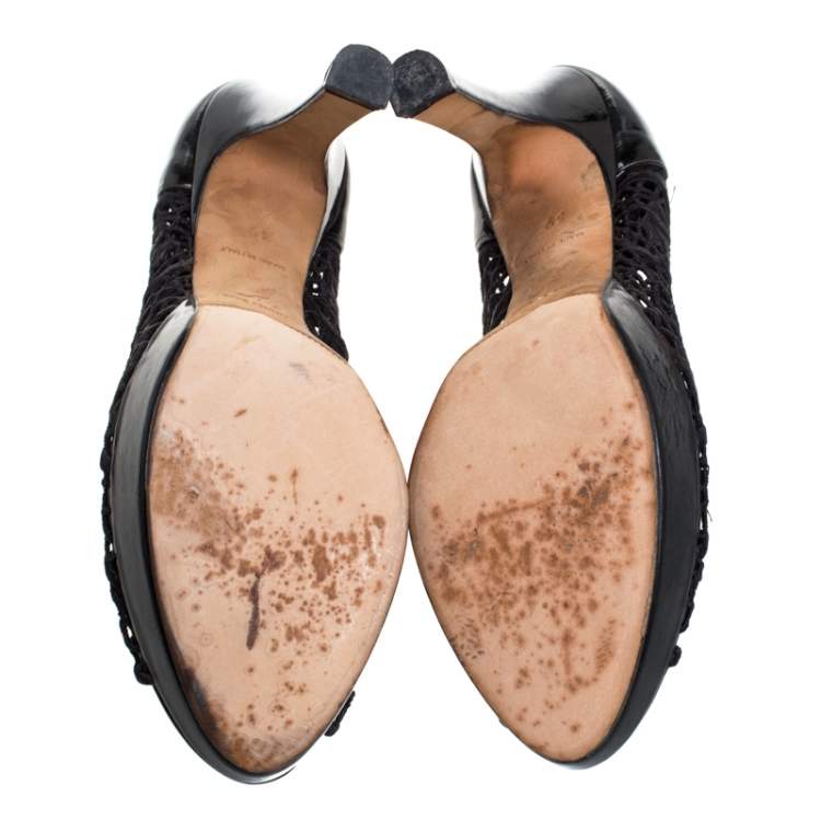 Pre Owned  Rene Caovilla Black Lace Peep Toe Pumps Size 39