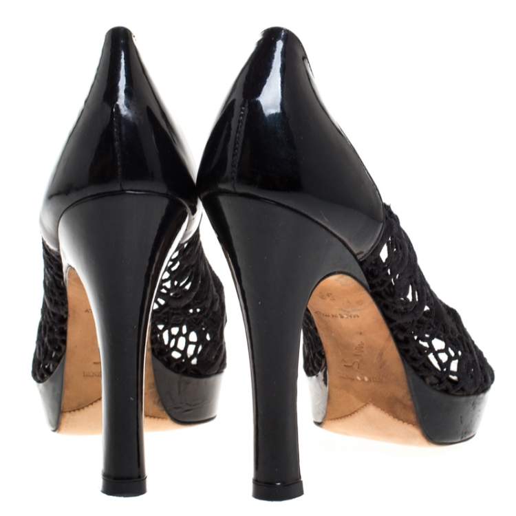 Pre Owned  Rene Caovilla Black Lace Peep Toe Pumps Size 39