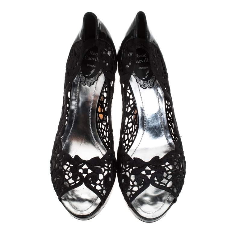 Pre Owned  Rene Caovilla Black Lace Peep Toe Pumps Size 39