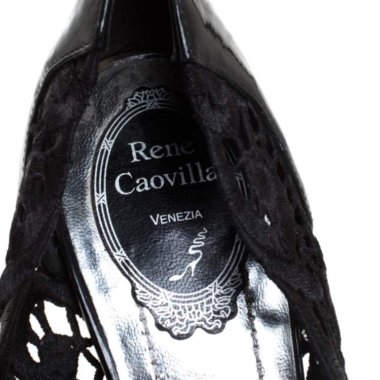 Pre Owned  Rene Caovilla Black Lace Peep Toe Pumps Size 39