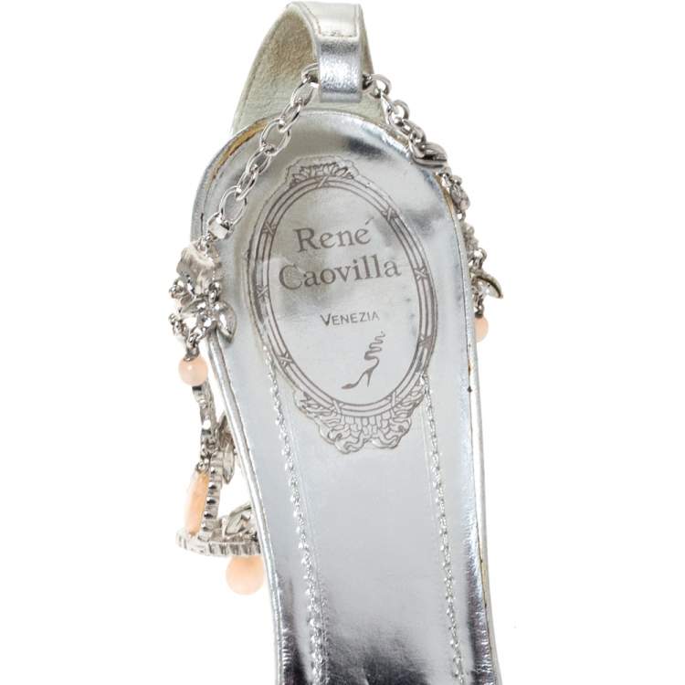 Pre Owned René Caovilla Metallic Silver Leather Embellished Anklet Open Toe Sandals Size 40