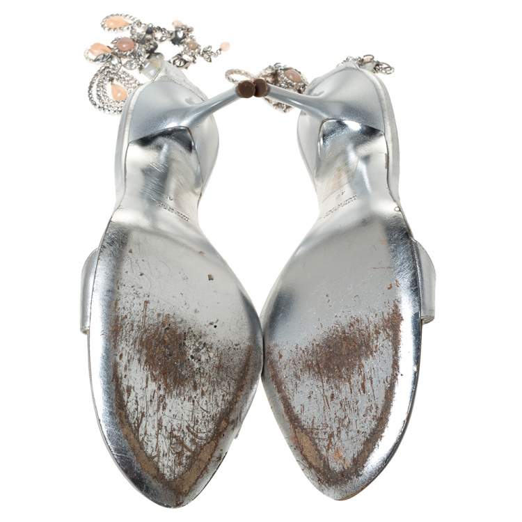 Pre Owned René Caovilla Metallic Silver Leather Embellished Anklet Open Toe Sandals Size 40