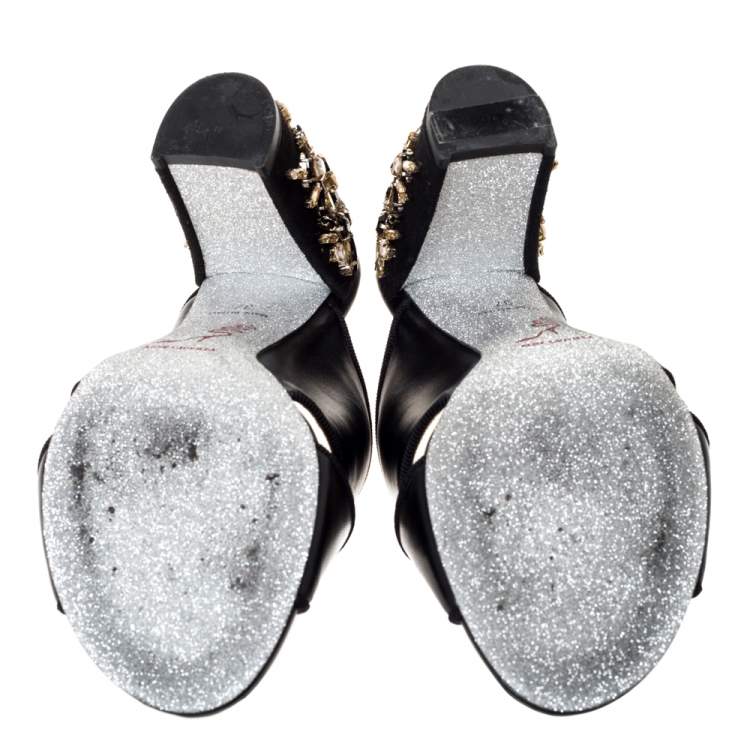 مملوكة مسبقًا Rene Caovilla Black Leather And Suede Crystal Embellished Block Heel Sandals Size 37