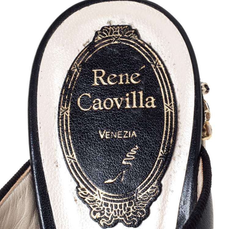 مملوكة مسبقًا Rene Caovilla Black Leather And Suede Crystal Embellished Block Heel Sandals Size 37