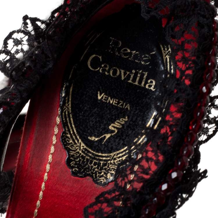 Pre Owned René Caovilla Black Suede And Lace Crystal Embellished Pointed Toe Slingback Sandals Size 39