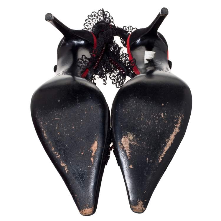 Pre Owned René Caovilla Black Suede And Lace Crystal Embellished Pointed Toe Slingback Sandals Size 39