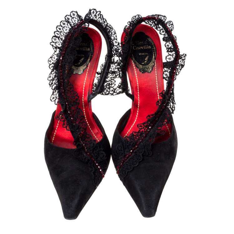 Pre Owned René Caovilla Black Suede And Lace Crystal Embellished Pointed Toe Slingback Sandals Size 39
