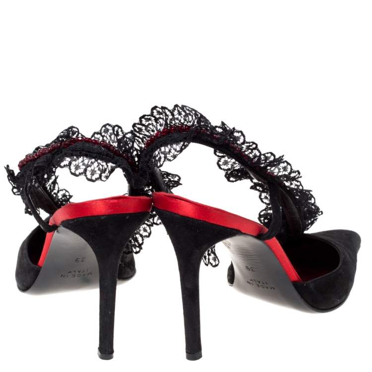 Pre Owned René Caovilla Black Suede And Lace Crystal Embellished Pointed Toe Slingback Sandals Size 39