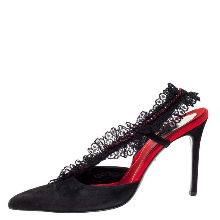 Pre Owned René Caovilla Black Suede And Lace Crystal Embellished Pointed Toe Slingback Sandals Size 39