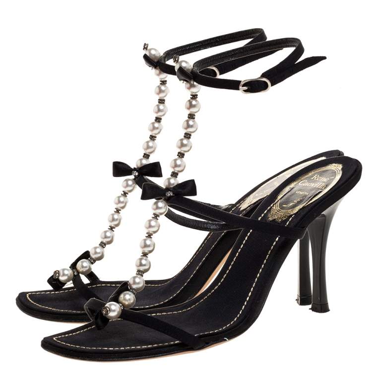 Pre Owned Rene Caovilla Black Canvas Pearl T Strap Sandals Size 37