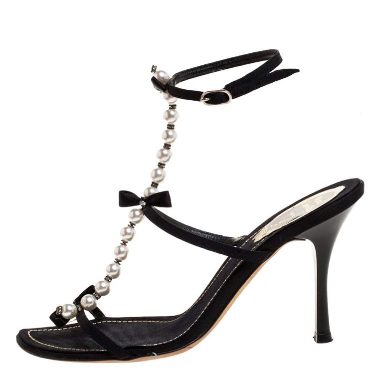 Pre Owned Rene Caovilla Black Canvas Pearl T Strap Sandals Size 37