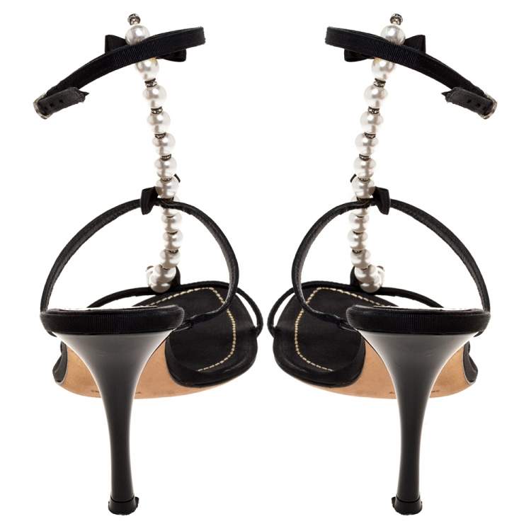 Pre Owned Rene Caovilla Black Canvas Pearl T Strap Sandals Size 37