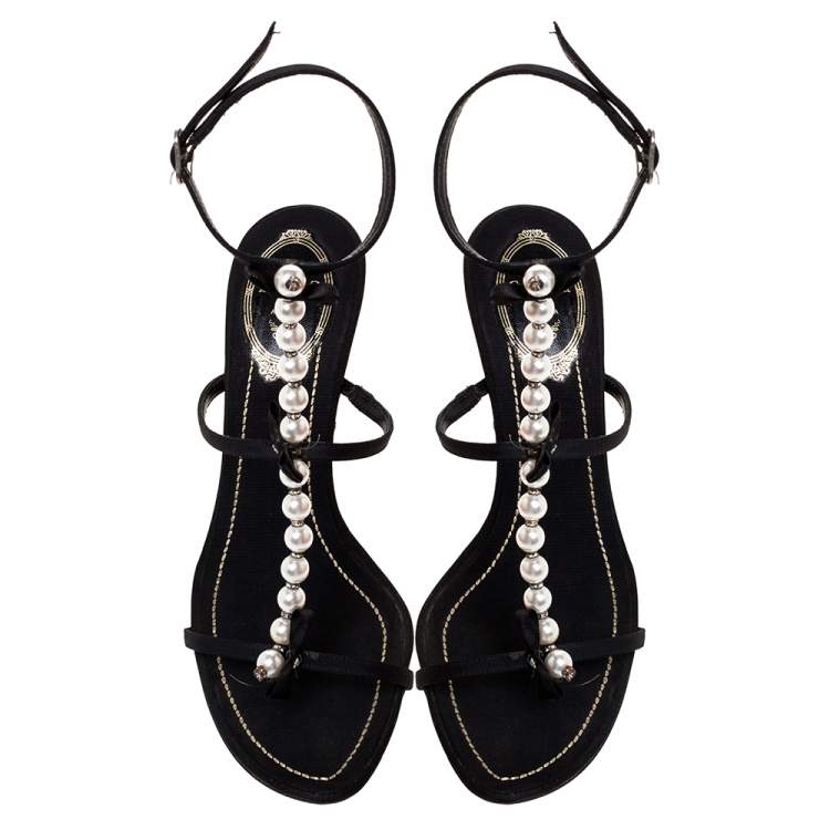 Pre Owned Rene Caovilla Black Canvas Pearl T Strap Sandals Size 37