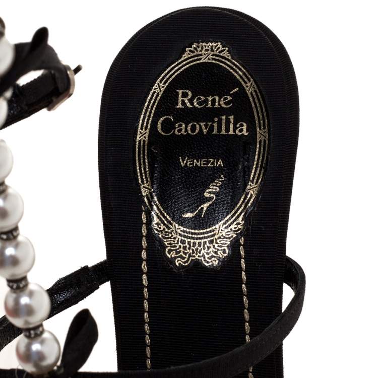 Pre Owned Rene Caovilla Black Canvas Pearl T Strap Sandals Size 37