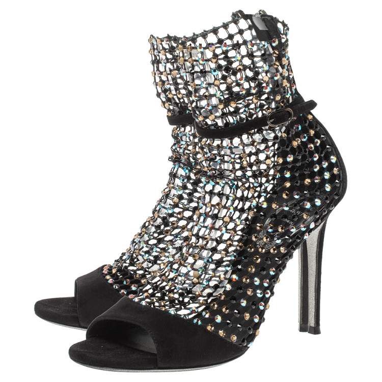 Pre Owned Rene Caovilla Black Suede And Mesh Crystal Embellished Galaxia Sandals Size 37