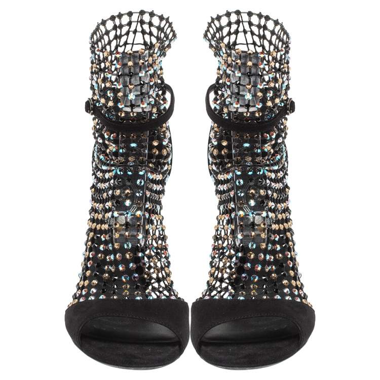 Pre Owned Rene Caovilla Black Suede And Mesh Crystal Embellished Galaxia Sandals Size 37