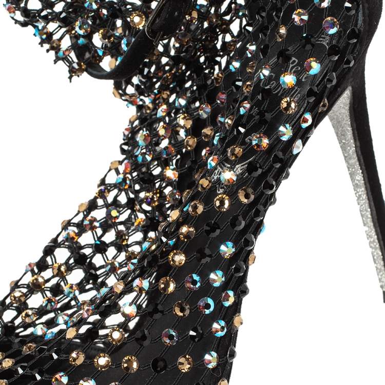 Pre Owned Rene Caovilla Black Suede And Mesh Crystal Embellished Galaxia Sandals Size 37