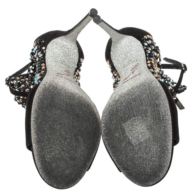 Pre Owned Rene Caovilla Black Suede And Mesh Crystal Embellished Galaxia Sandals Size 37