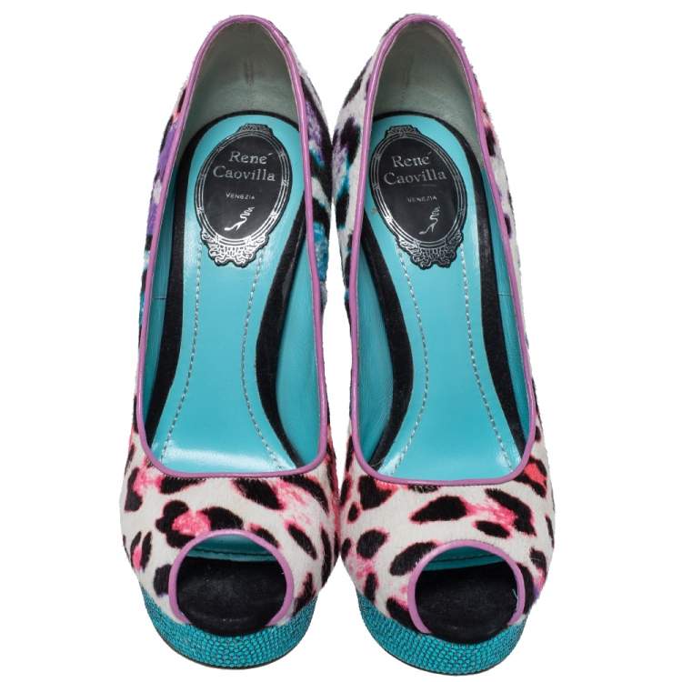 Pre Owned René Caovilla Multicolor Leopard Pony Hair And Crystal Embellished Satin Platform Peep Toe Pumps Size 37