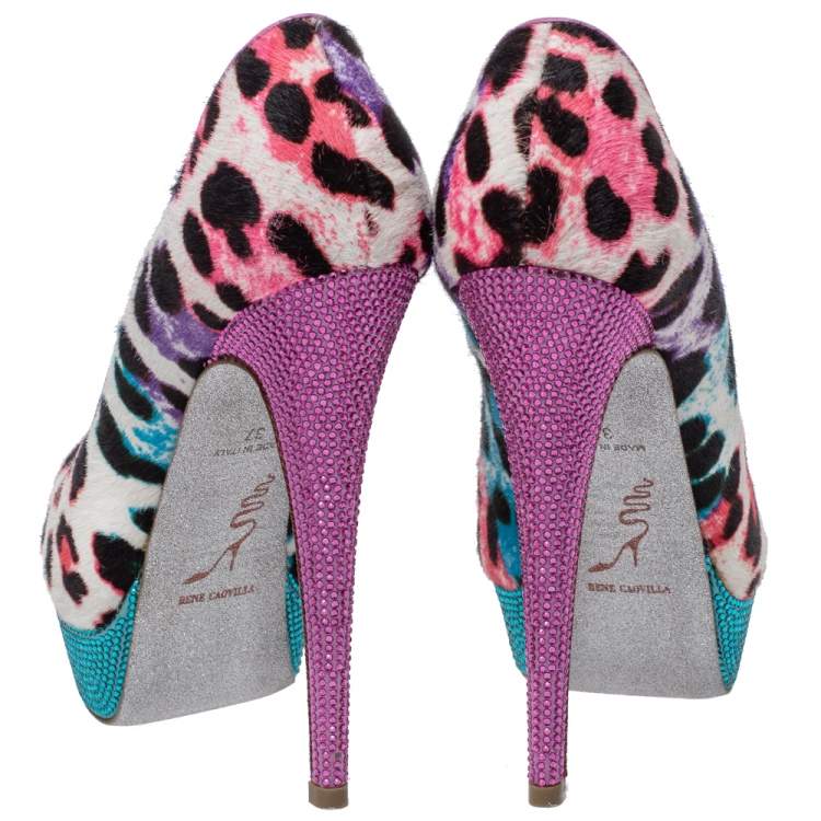 Pre Owned René Caovilla Multicolor Leopard Pony Hair And Crystal Embellished Satin Platform Peep Toe Pumps Size 37