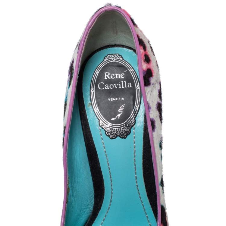 Pre Owned René Caovilla Multicolor Leopard Pony Hair And Crystal Embellished Satin Platform Peep Toe Pumps Size 37