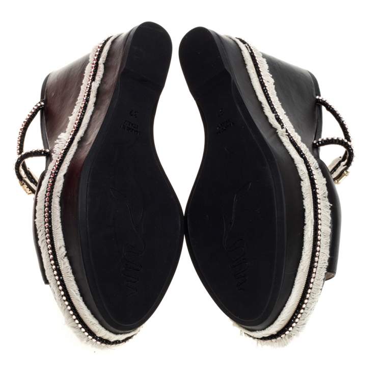Pre Owned René Caovilla Black Leather Jewel Embellished Wedge Platform Sandals Size 37