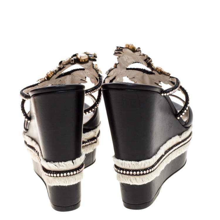 Pre Owned René Caovilla Black Leather Jewel Embellished Wedge Platform Sandals Size 37