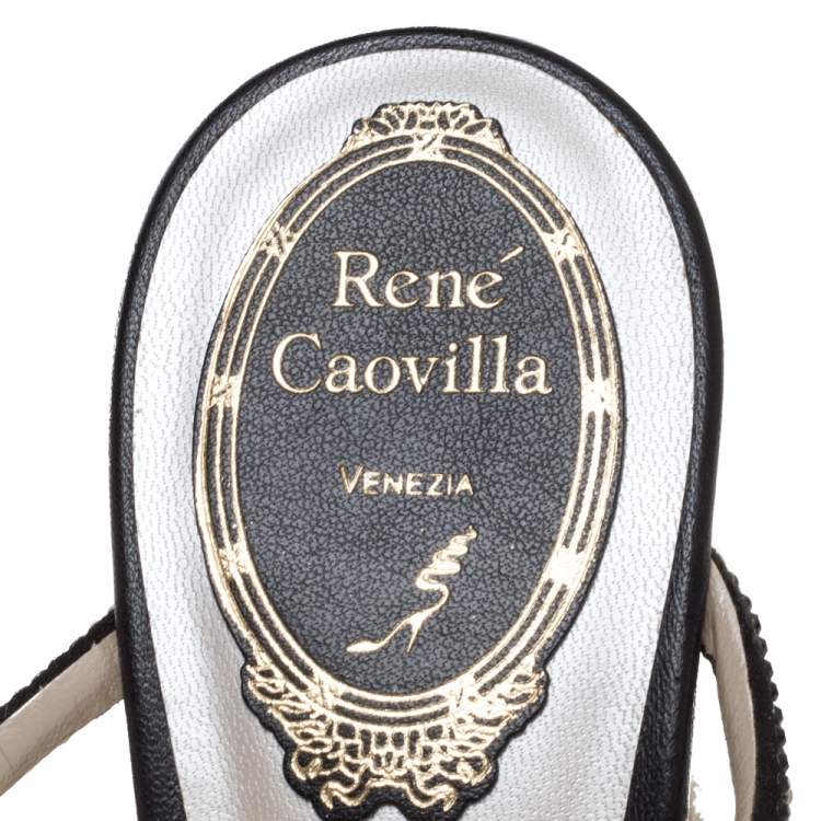 Pre Owned René Caovilla Black Leather Jewel Embellished Wedge Platform Sandals Size 37