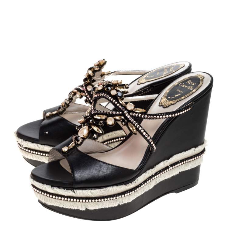 Pre Owned René Caovilla Black Leather Jewel Embellished Wedge Platform Sandals Size 37
