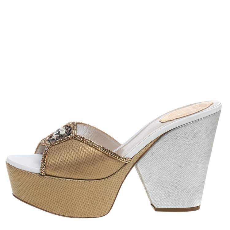 Pre Owned René Caovilla Two Tone Lizard Embossed Leather Embellished Platform Sandals Size 39