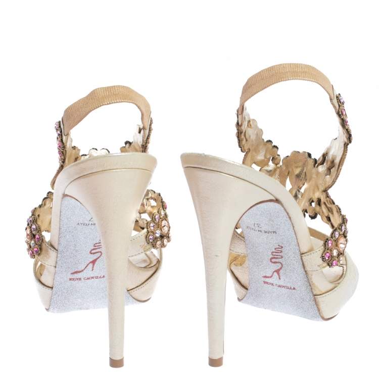 Pre Owned René Caovilla Beige Leather Crystal Embellished Platform Ankle Strap Sandals Size 37