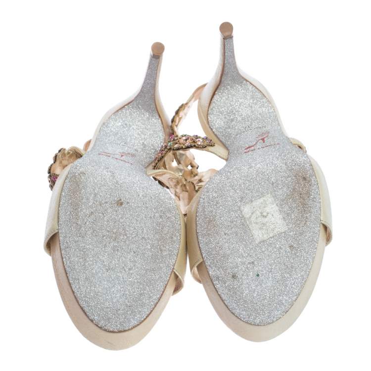 Pre Owned René Caovilla Beige Leather Crystal Embellished Platform Ankle Strap Sandals Size 37