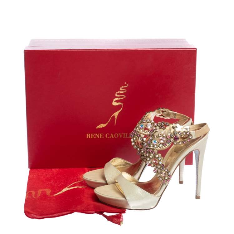 Pre Owned René Caovilla Beige Leather Crystal Embellished Platform Ankle Strap Sandals Size 37