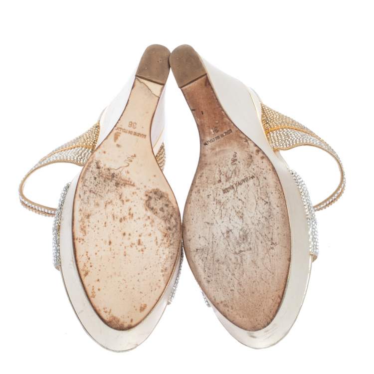 Pre Owned René Caovilla Metallic Gold/Silver Crystal Embellished Satin Wedge Slides Size 38