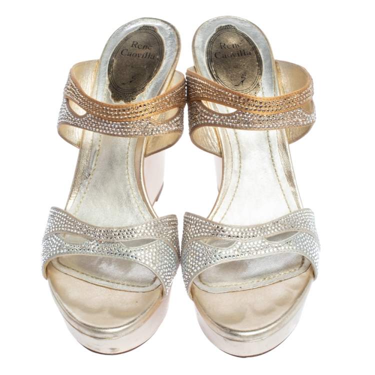 Pre Owned René Caovilla Metallic Gold/Silver Crystal Embellished Satin Wedge Slides Size 38