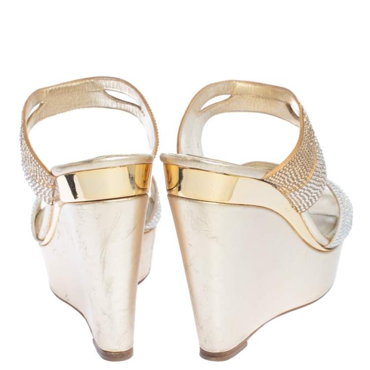 Pre Owned René Caovilla Metallic Gold/Silver Crystal Embellished Satin Wedge Slides Size 38