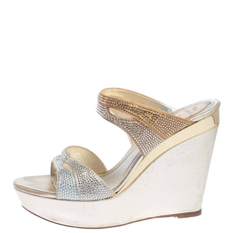 Pre Owned René Caovilla Metallic Gold/Silver Crystal Embellished Satin Wedge Slides Size 38
