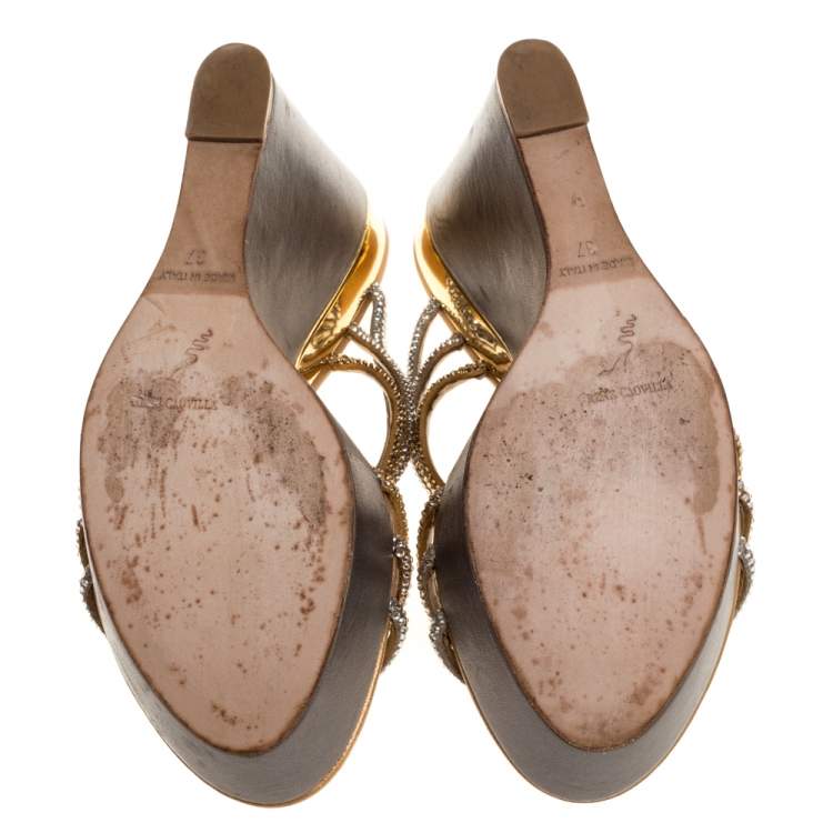 Pre Owned René Caovilla Metallic Gold/Silver Braided Crystal Embellished Satin Wedge Slides Size 37