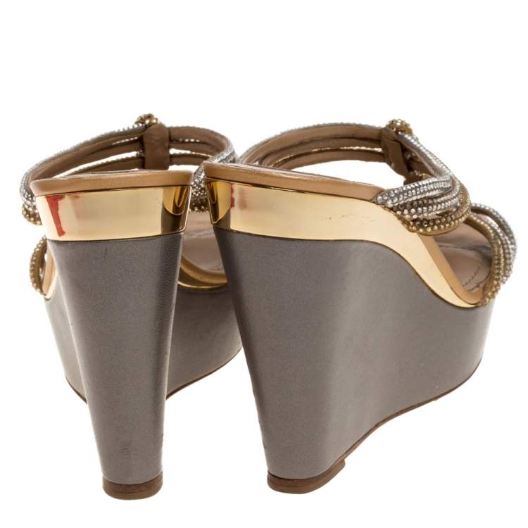 Pre Owned René Caovilla Metallic Gold/Silver Braided Crystal Embellished Satin Wedge Slides Size 37