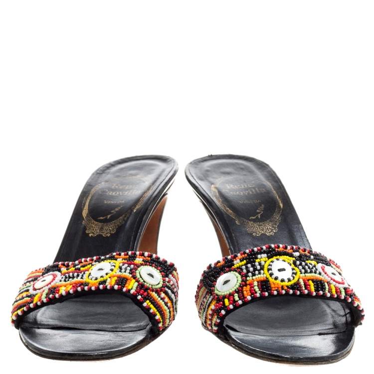Pre Owned René Caovilla Multicolor Pearl Beaded Open Toe Sandals Size 37